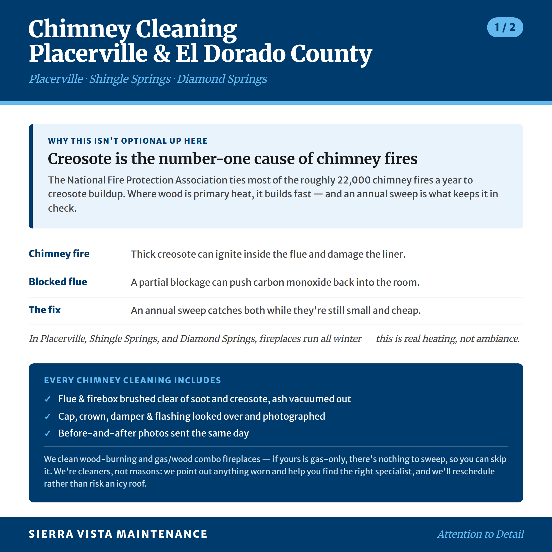 Chimney Cleaning Placerville, Shingle Springs, Diamond Springs and Rescue: Creosote is the top cause of chimney fires here